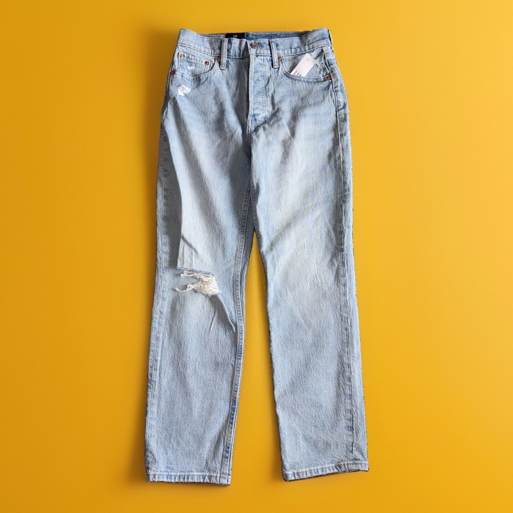 GAP Cheeky Straight High Rise Denim Blue Jeans 26 / 2R NWT Light Wash Distressed - Picture 2 of 14